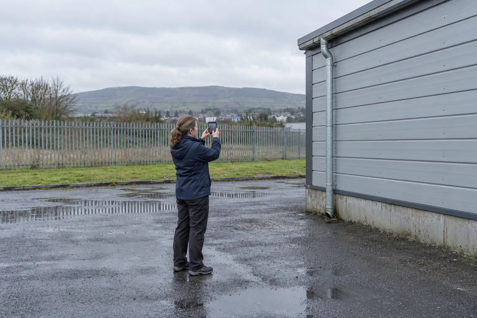 A property inspector photographing a gutter and downpipe on the wall of an empty industrial unit in a wet yard.