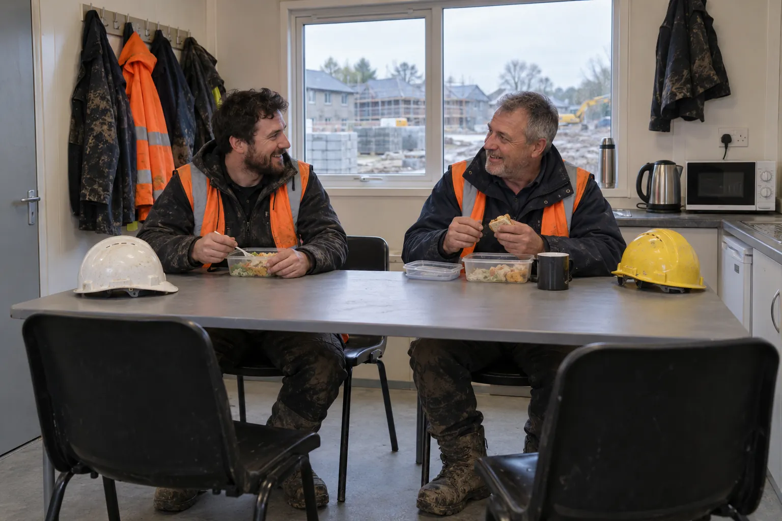 Two construction workers eating lunch at a table in a site welfare cabin, a kettle on the counter and jackets drying on pegs.