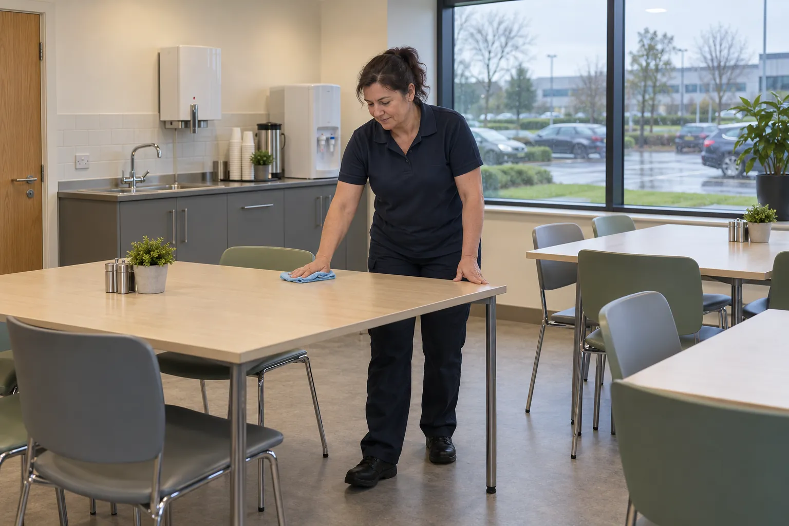 A facilities assistant wiping a table in a bright staff canteen, a water dispenser and hot water boiler behind her.