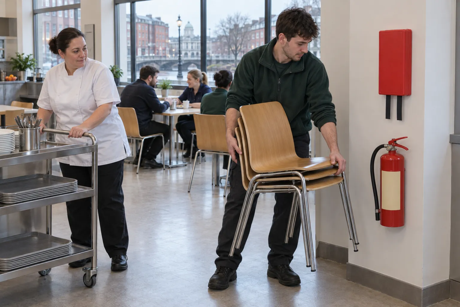 A facilities assistant clearing chairs away from a fire blanket and extinguisher in an office canteen.