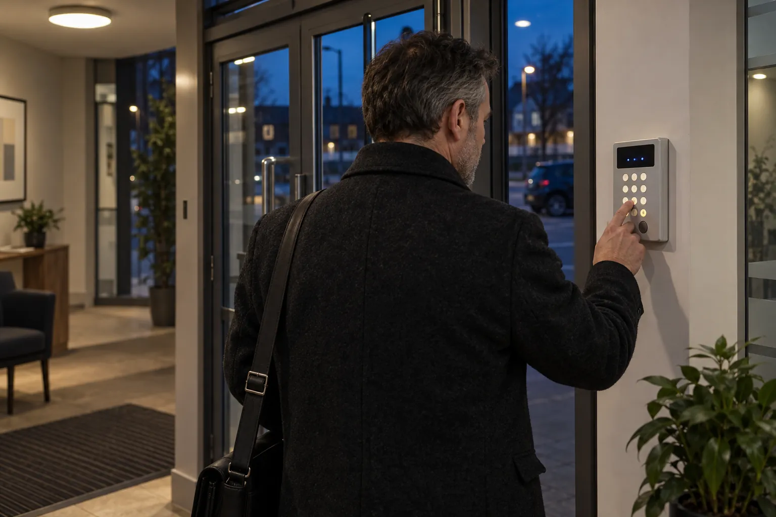 A keyholder entering a code at an alarm keypad inside an office entrance.
