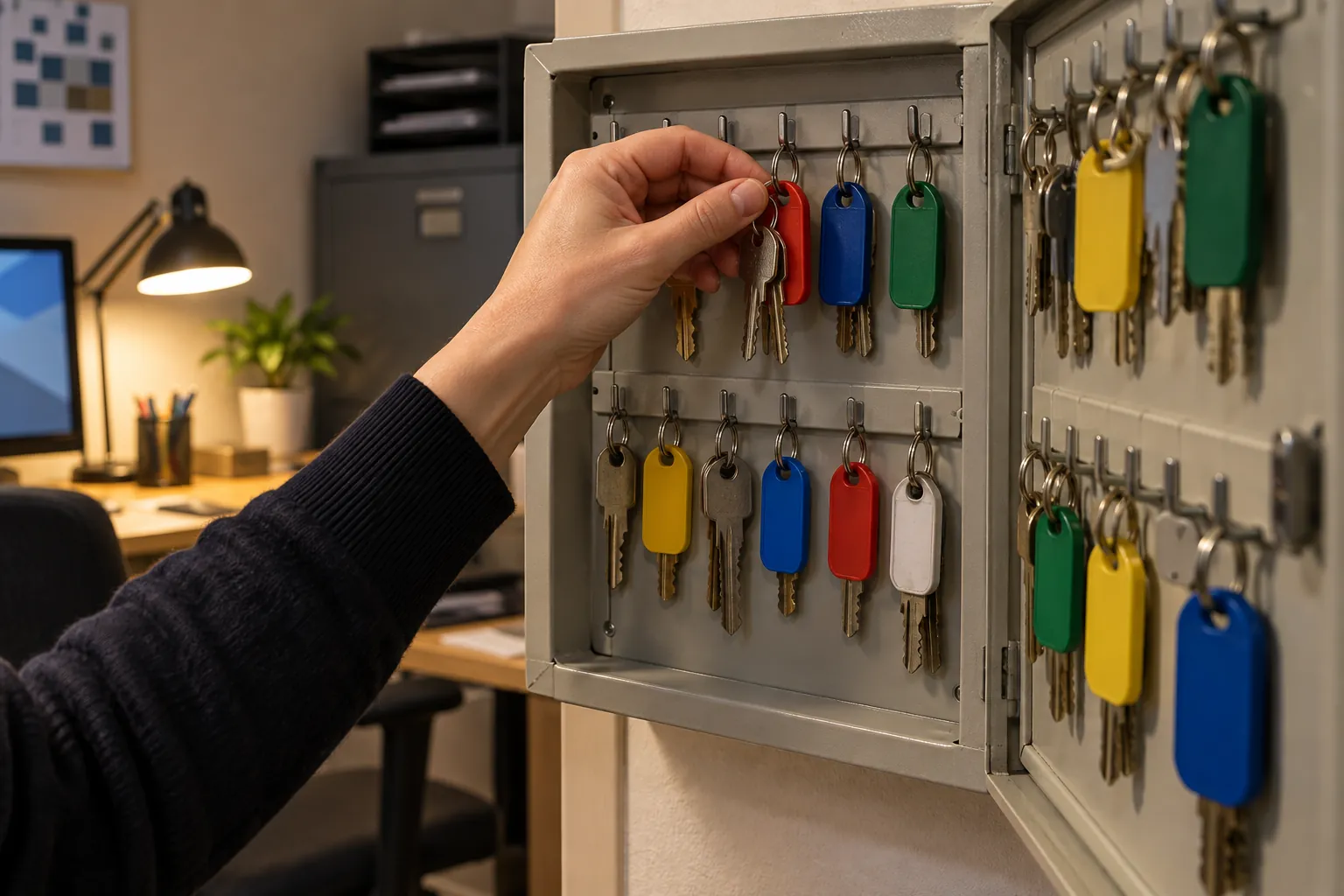 A hand taking a tagged key from an open key cabinet.