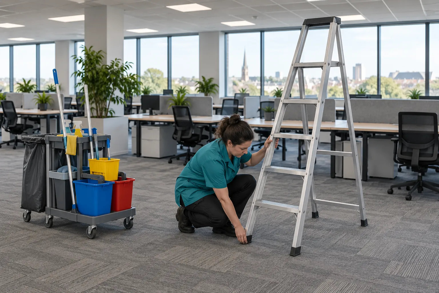 A cleaner checking the rubber foot of an opened stepladder beside her cleaning trolley in an empty open-plan office.