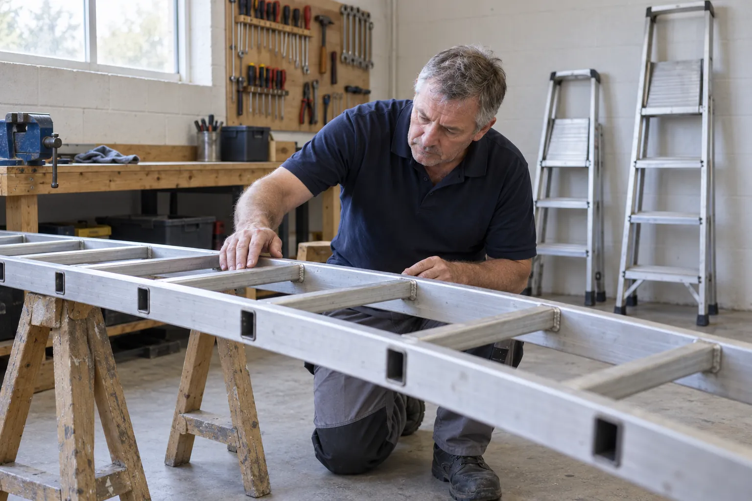 A maintenance technician inspecting a rung joint on an aluminium ladder laid across trestles in a school workshop.