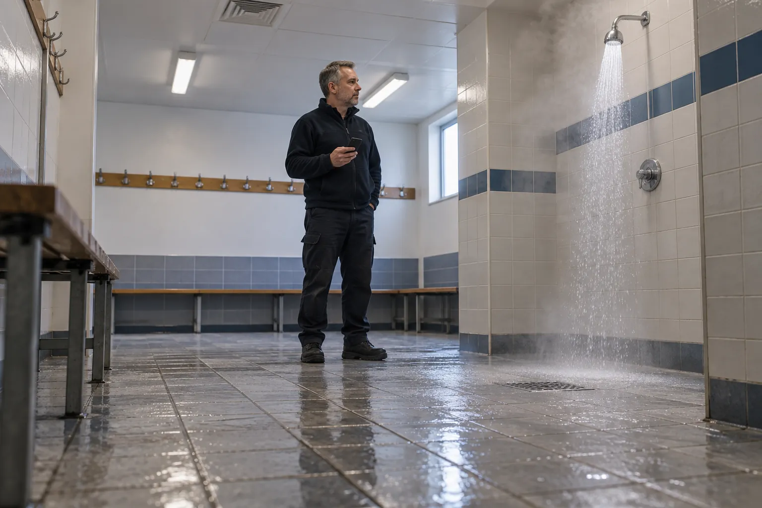 A caretaker flushing a little-used shower in an empty changing room.