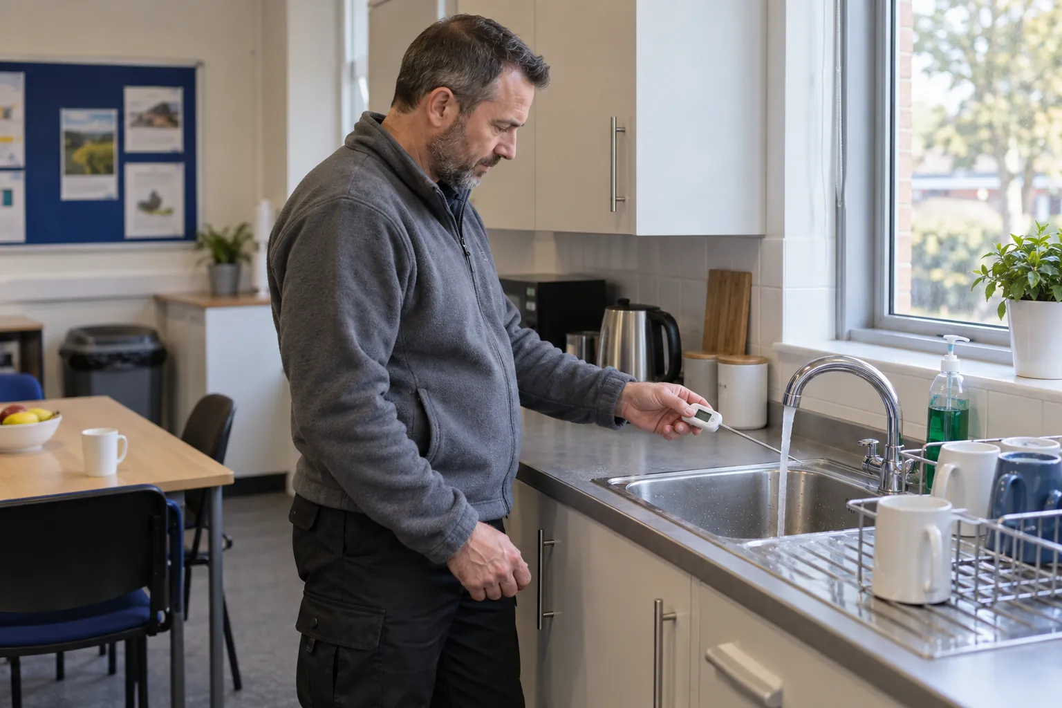 A premises officer taking a hot water temperature with a probe thermometer at a kitchenette tap.