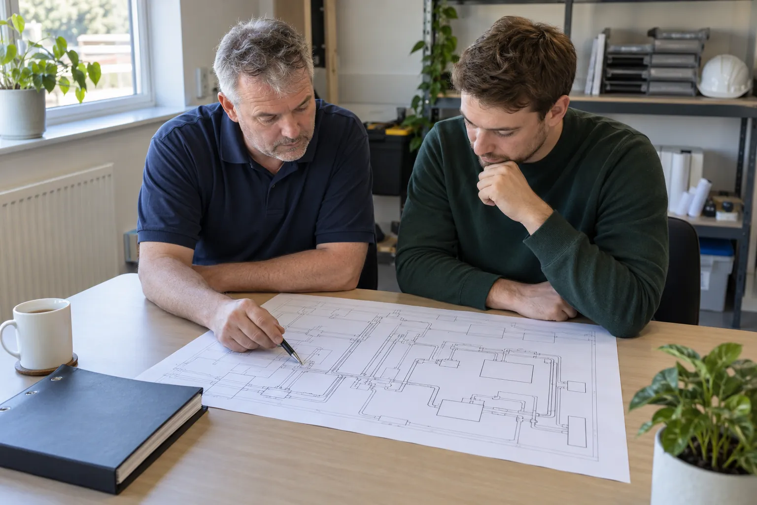 A premises manager and a risk assessor looking over a water system schematic laid flat on a table in a site office.