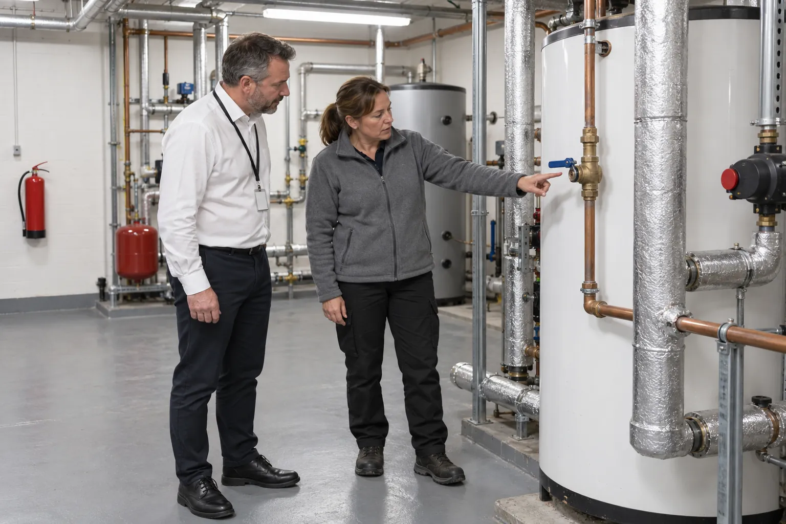 A risk assessor pointing out a valve on lagged pipework beside a calorifier to a facilities manager in a plant room.