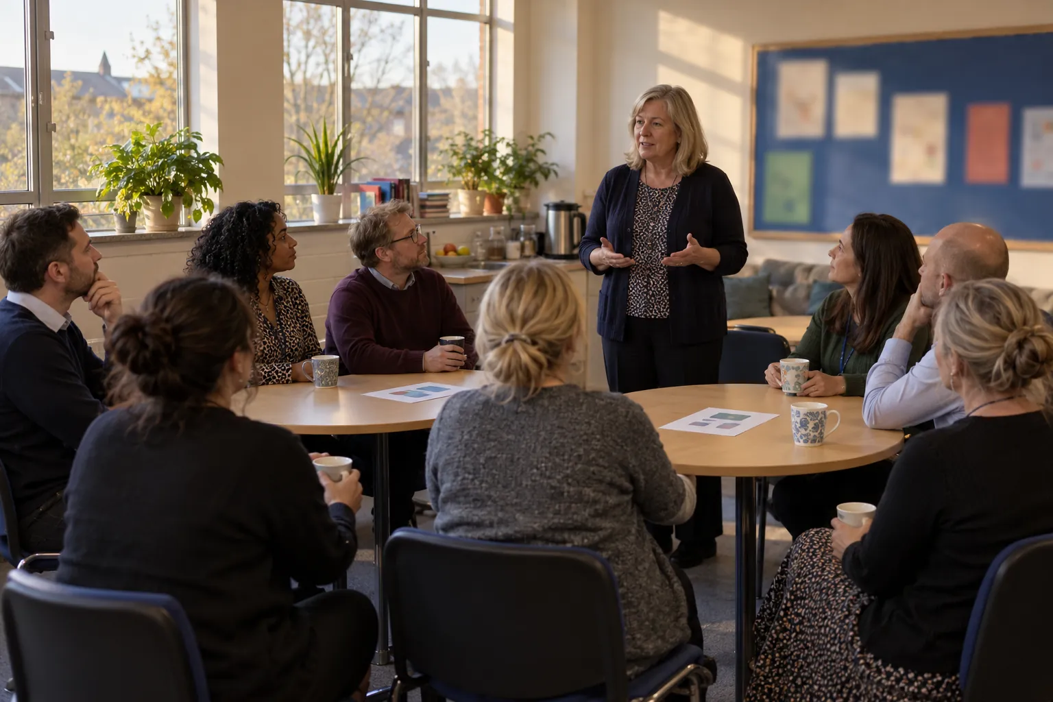 A deputy head briefing a group of school staff seated around tables in a staff room after school.