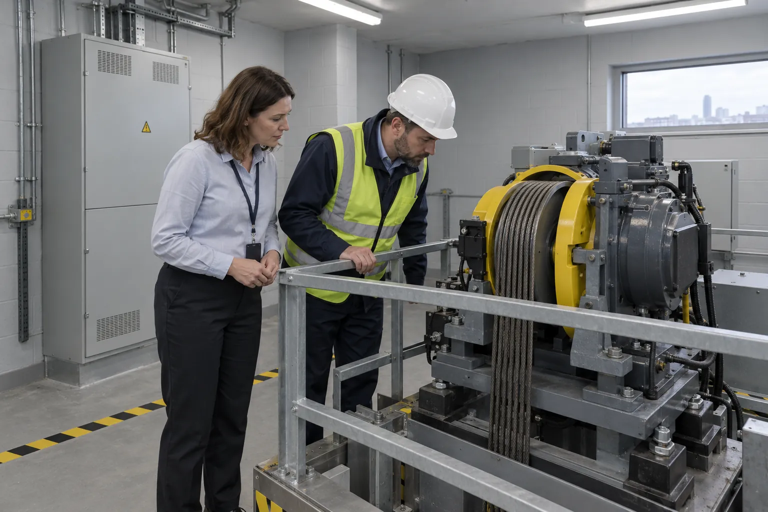 A lift engineer in a hard hat examining the traction machine in a lift motor room while a facilities manager looks on.