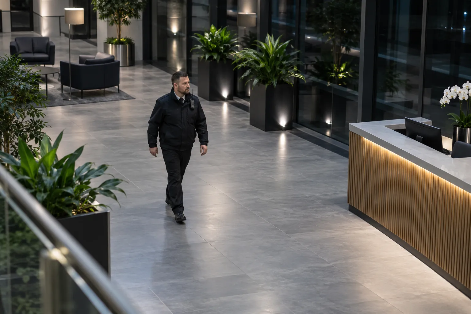 A security officer walking alone through a quiet office atrium at night.