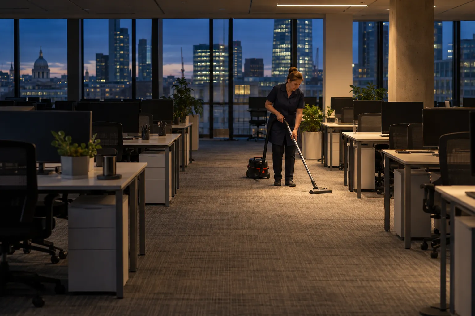 A cleaner vacuuming alone between empty desks on an office floor in the evening.