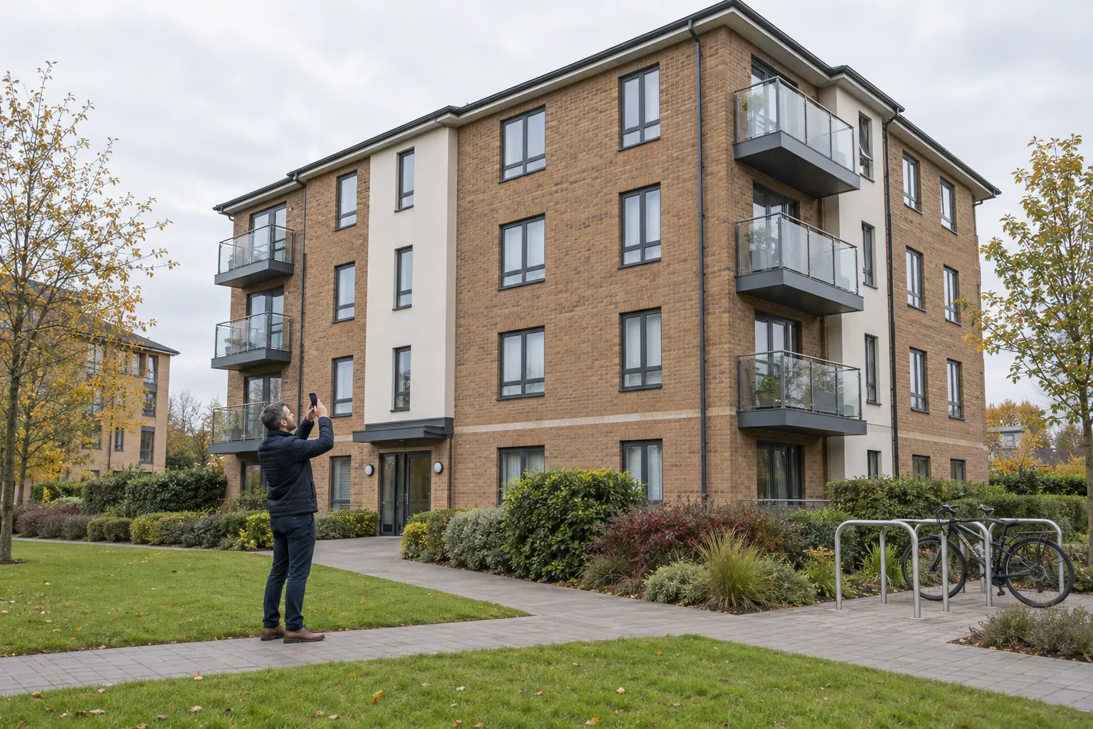A property manager photographing the outside of a block of flats during a site inspection.