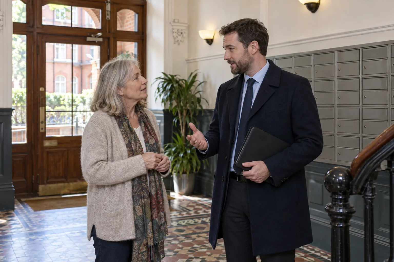 A property manager talking with a resident in the entrance hall of a block of flats.