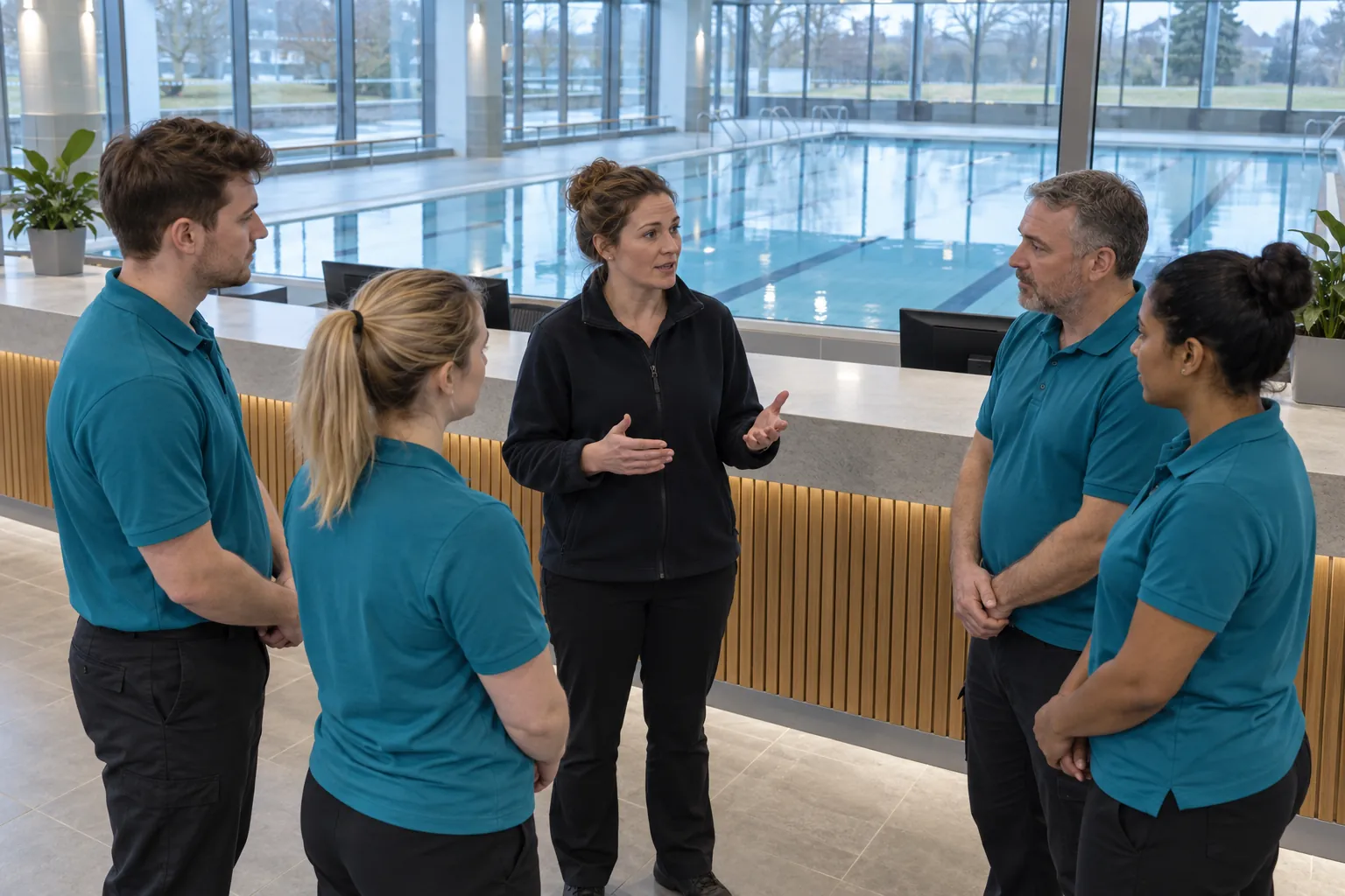 A duty manager briefing four leisure centre staff in a reception area before opening.