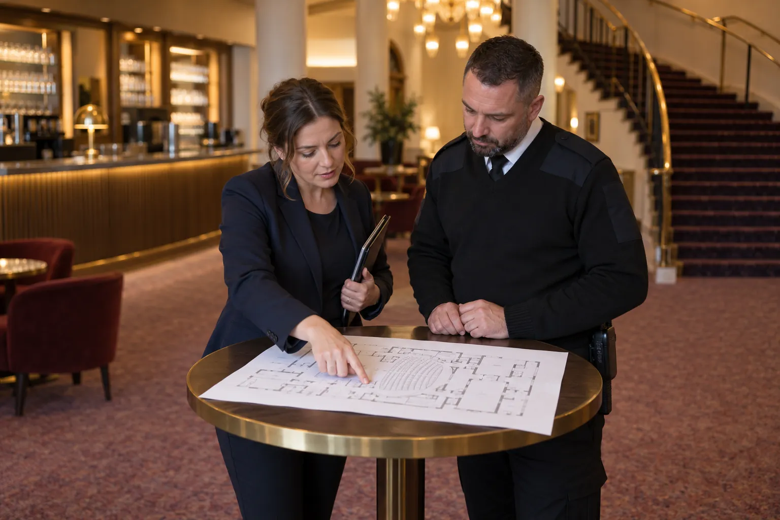 A theatre duty manager and a security officer studying a floor plan on a table in an empty foyer.