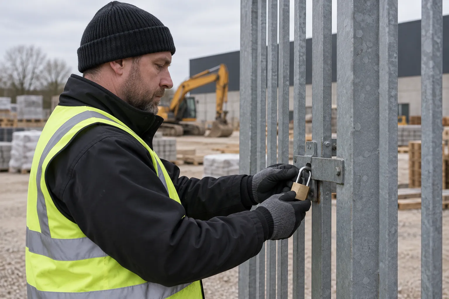 A patrol officer padlocking a site gate on a quiet construction site.