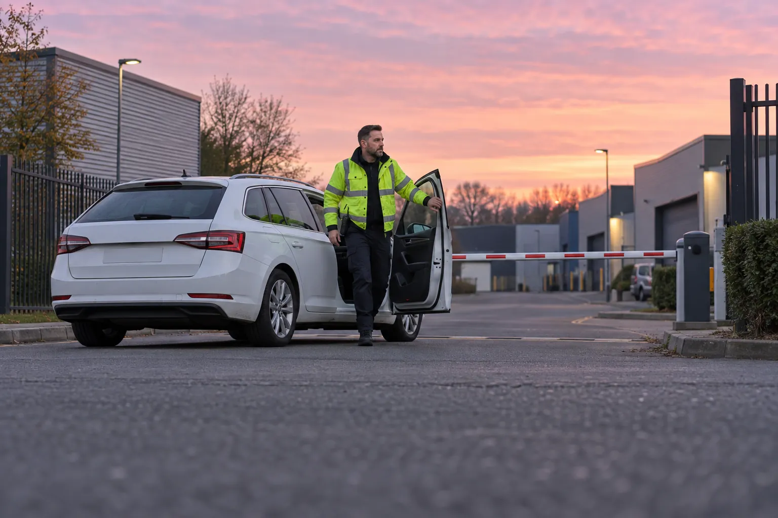 A patrol officer in a high-visibility jacket stepping out of a car at a trading estate gate at dawn.