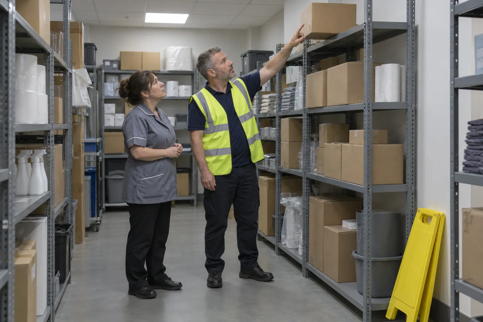 A premises officer pointing out a carton near the edge of a high shelf to a cleaner in a stock room.