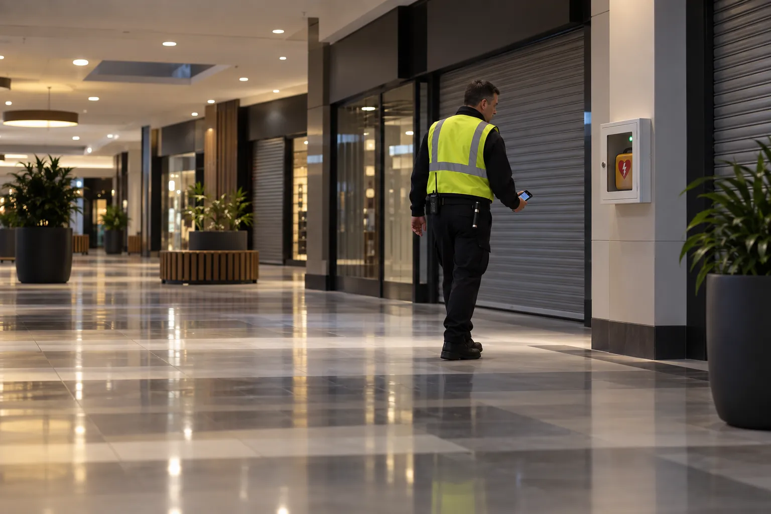 A security officer on an evening patrol stopping by an AED cabinet on a pillar in an empty shopping centre concourse.