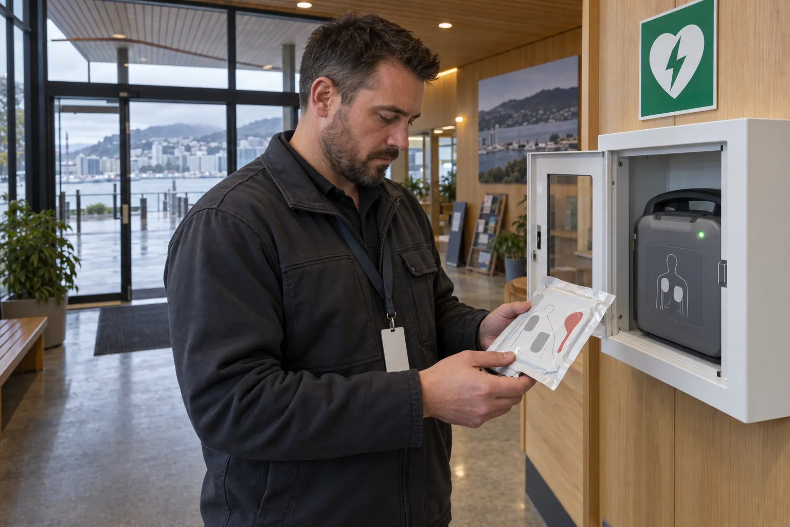 A facilities officer checking the date on a packet of defibrillator pads beside an open AED cabinet in a recreation centre foyer.