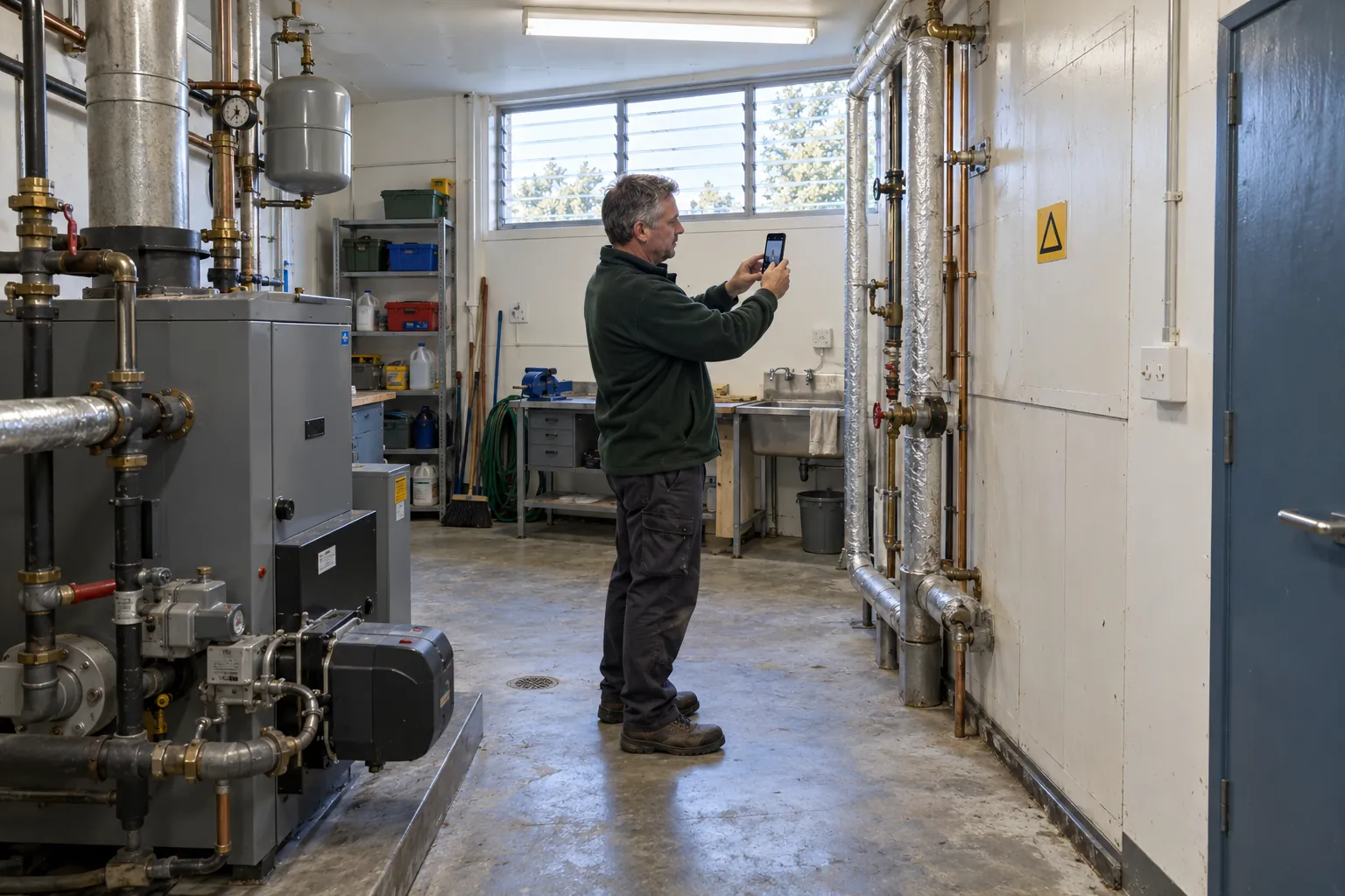 A caretaker photographing a section of wall lining beside pipework in a school plant room.