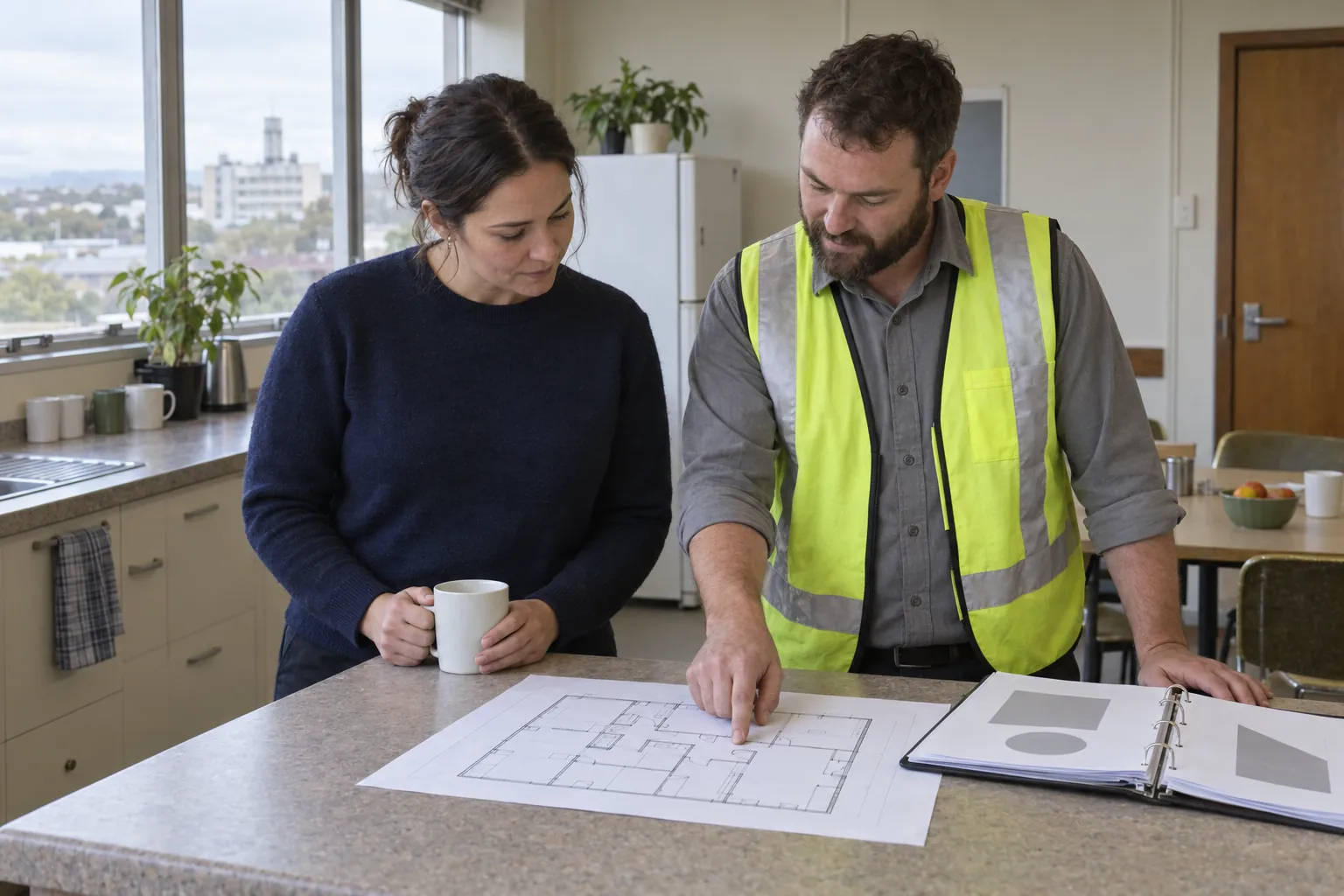 A property manager and a surveyor looking at a printed floor plan together on a staff room bench.
