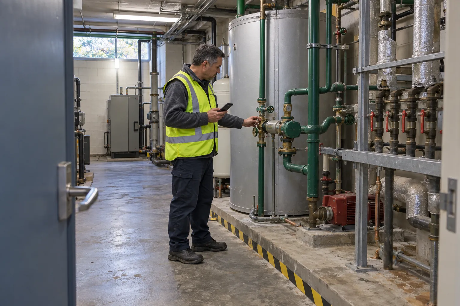 A caretaker checking a valve assembly on the pipework in a school plant room.