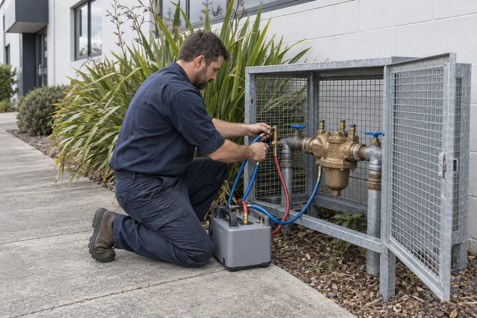 A tester connecting a test kit to a backflow prevention device inside a steel cage at the boundary of a commercial building.