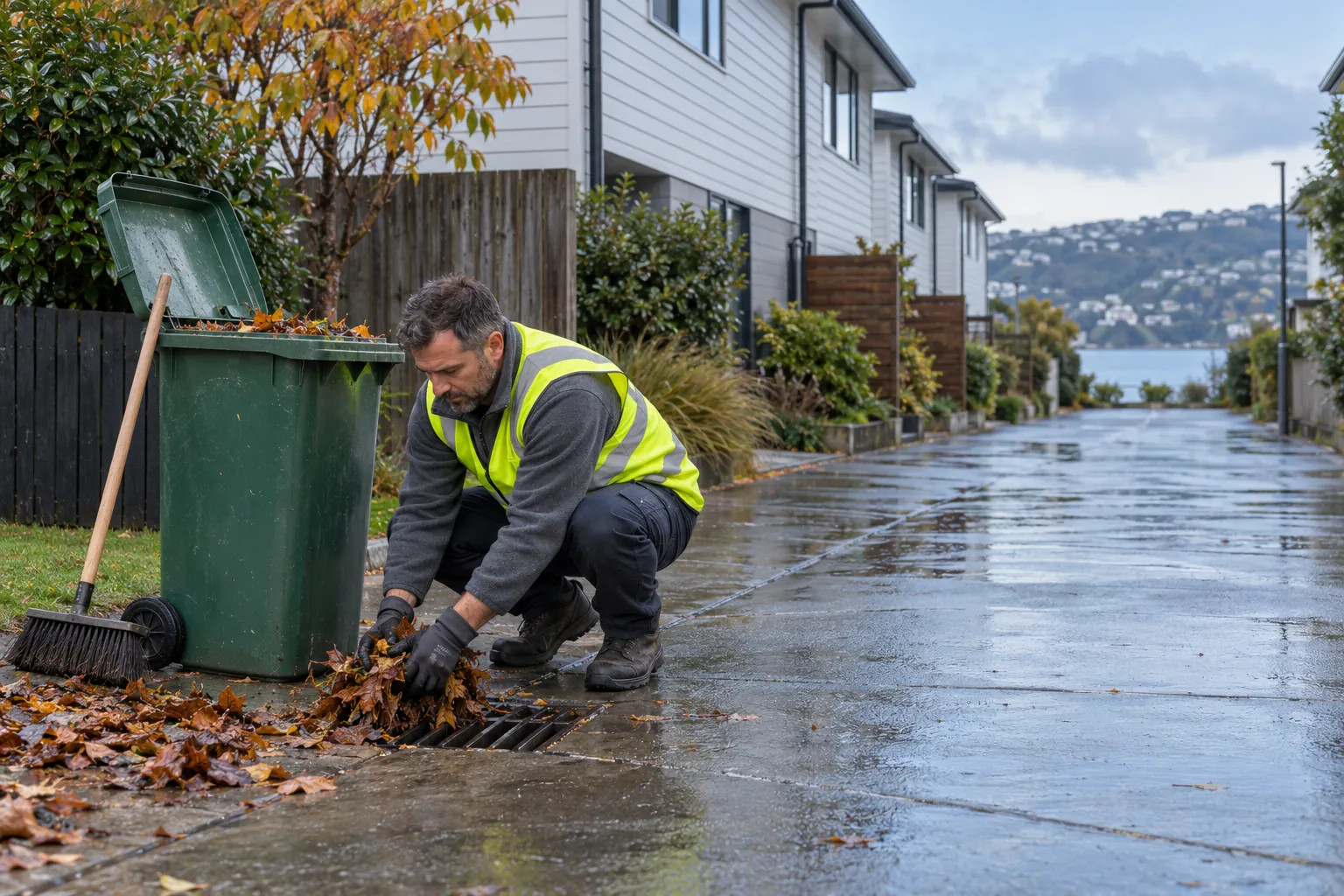 A caretaker crouching to clear leaves from a stormwater grate on the driveway of a townhouse complex.