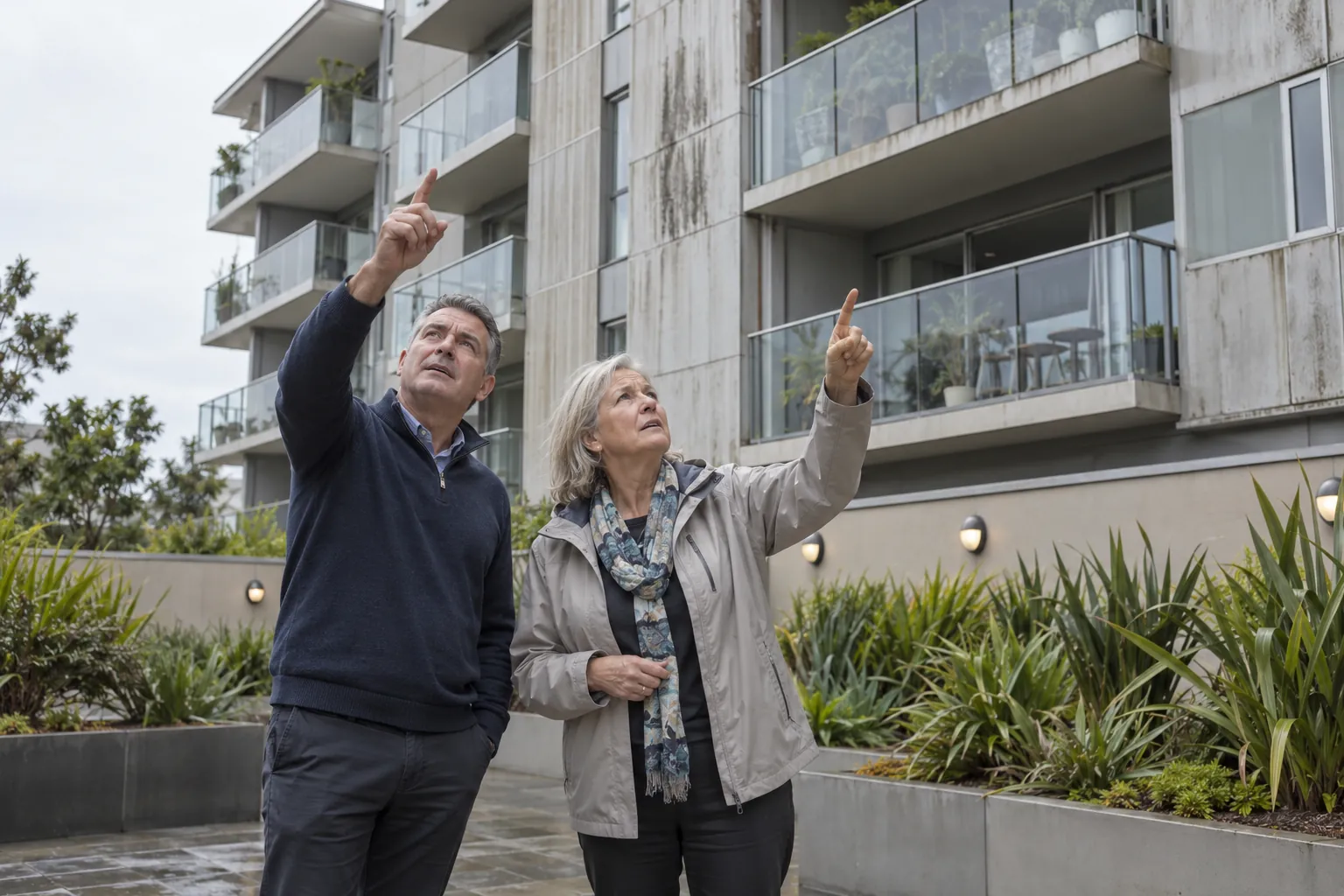 A building manager and a committee member in an apartment courtyard, looking up and pointing at the cladding and balconies above.