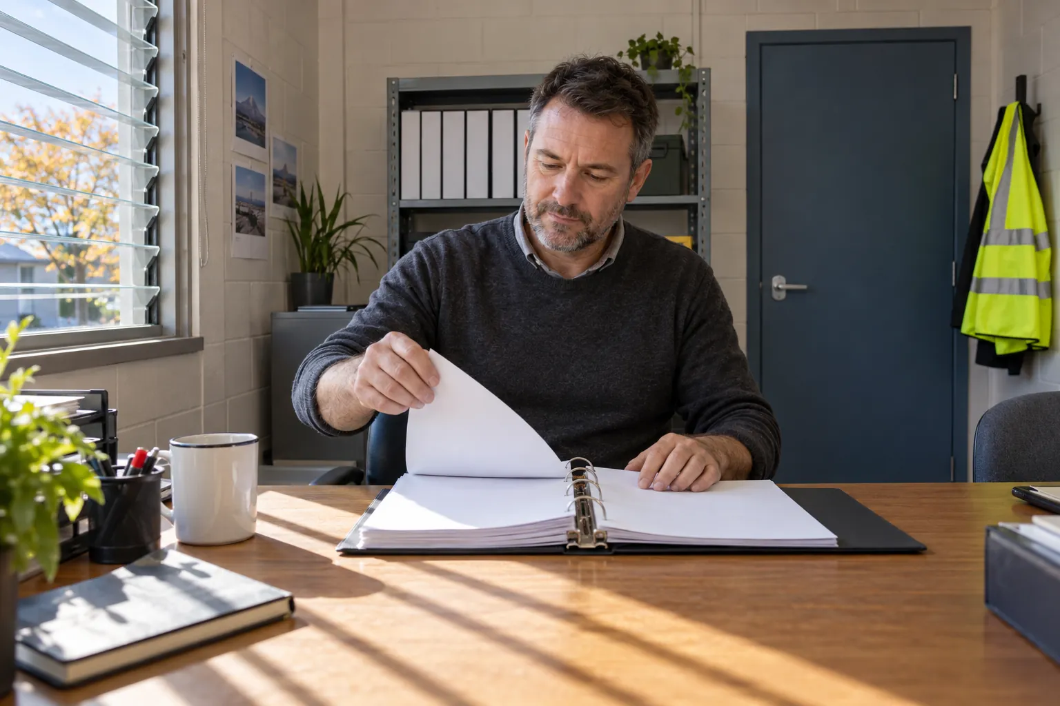 A facilities manager reading through a ring binder of building records at a desk in a school site office.