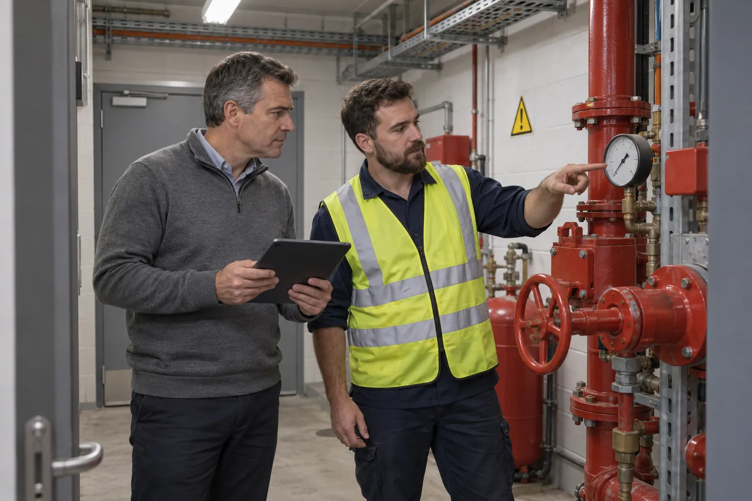 A building manager with a tablet watching a technician point to a gauge on sprinkler pipework in a plant room.
