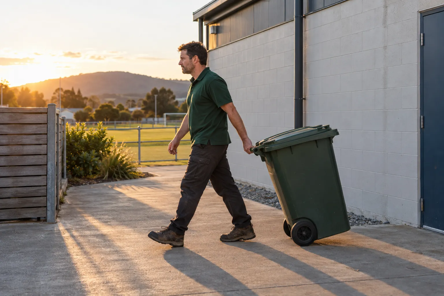 A caretaker wheeling a bin off the exit path behind a sports centre in the early evening.