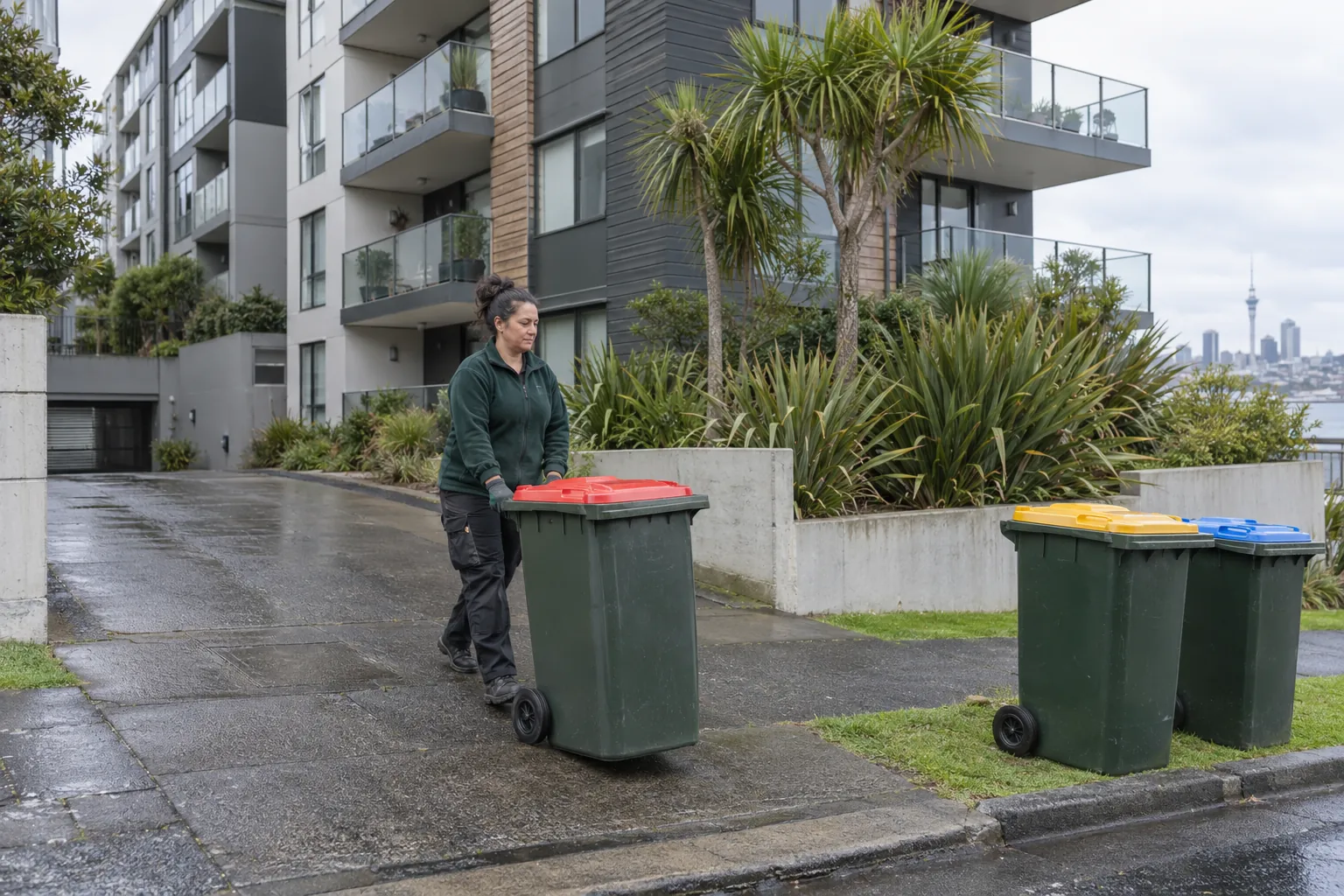 A caretaker wheeling a wheelie bin down the driveway of an apartment block to line it up at the kerb.