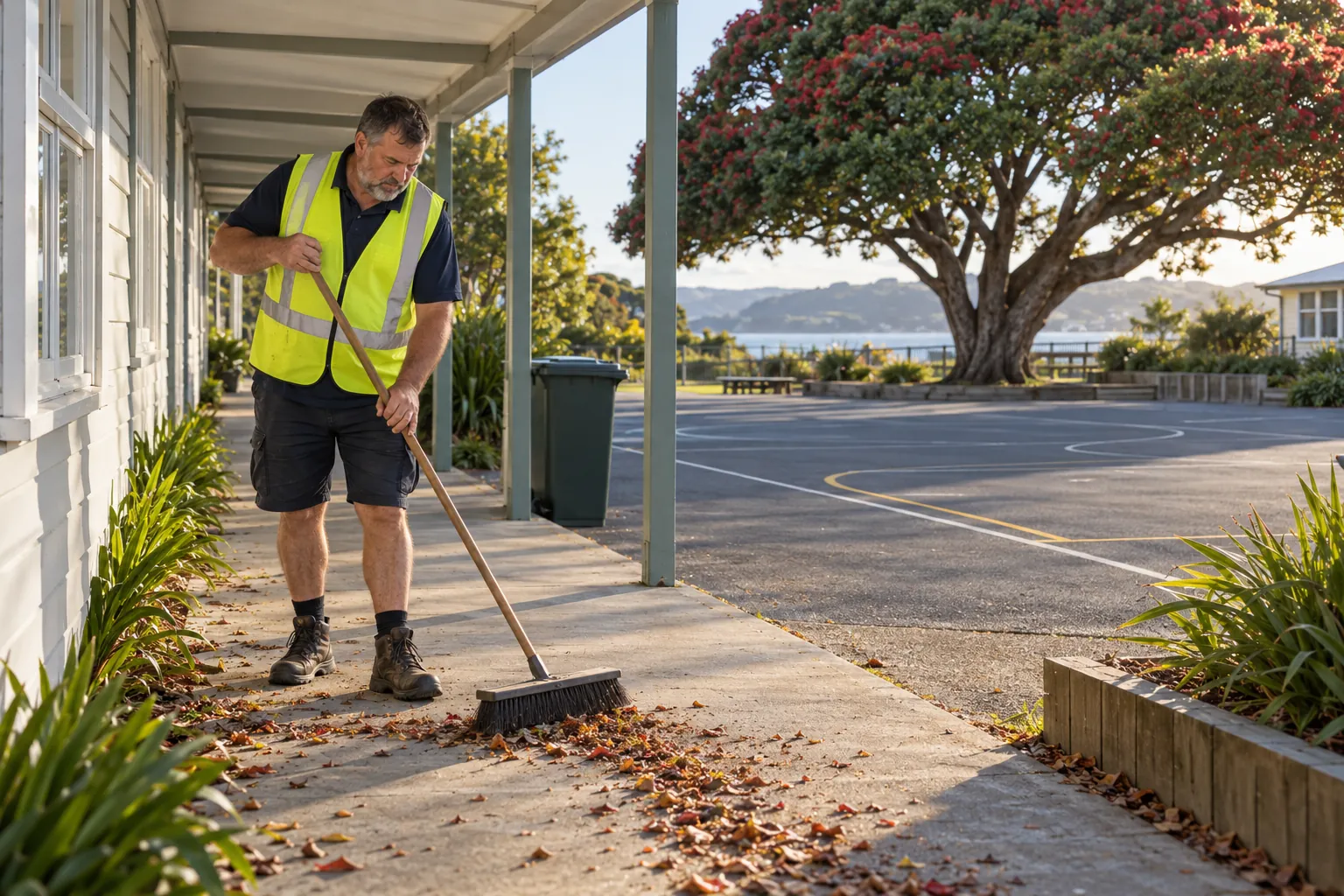 A caretaker in a hi-vis vest sweeping leaves along a covered walkway beside weatherboard classrooms at a primary school in the early morning.
