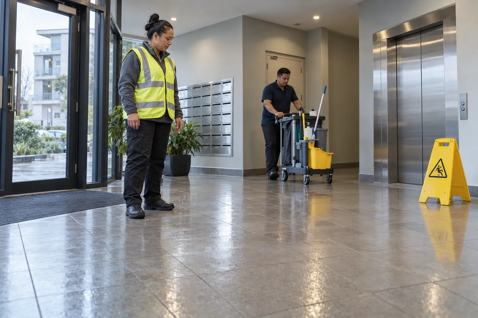 A supervisor looking over a freshly mopped lift lobby as a cleaner wheels a mop bucket away.