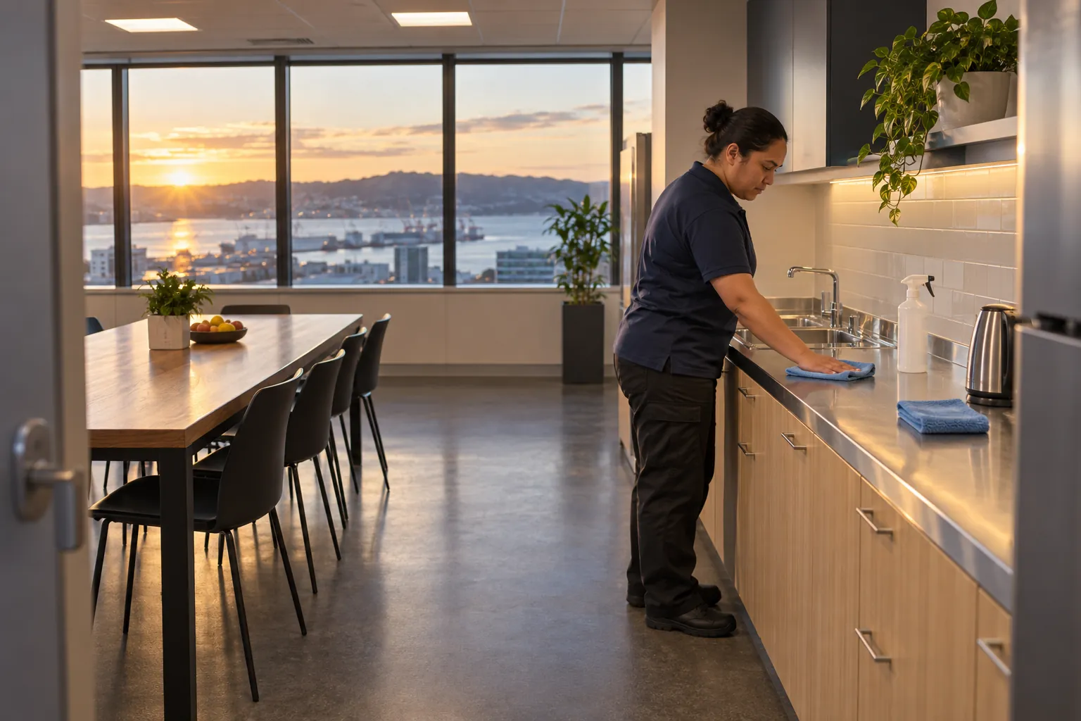 A cleaner wiping down the bench and sink of an office lunchroom in the early evening.