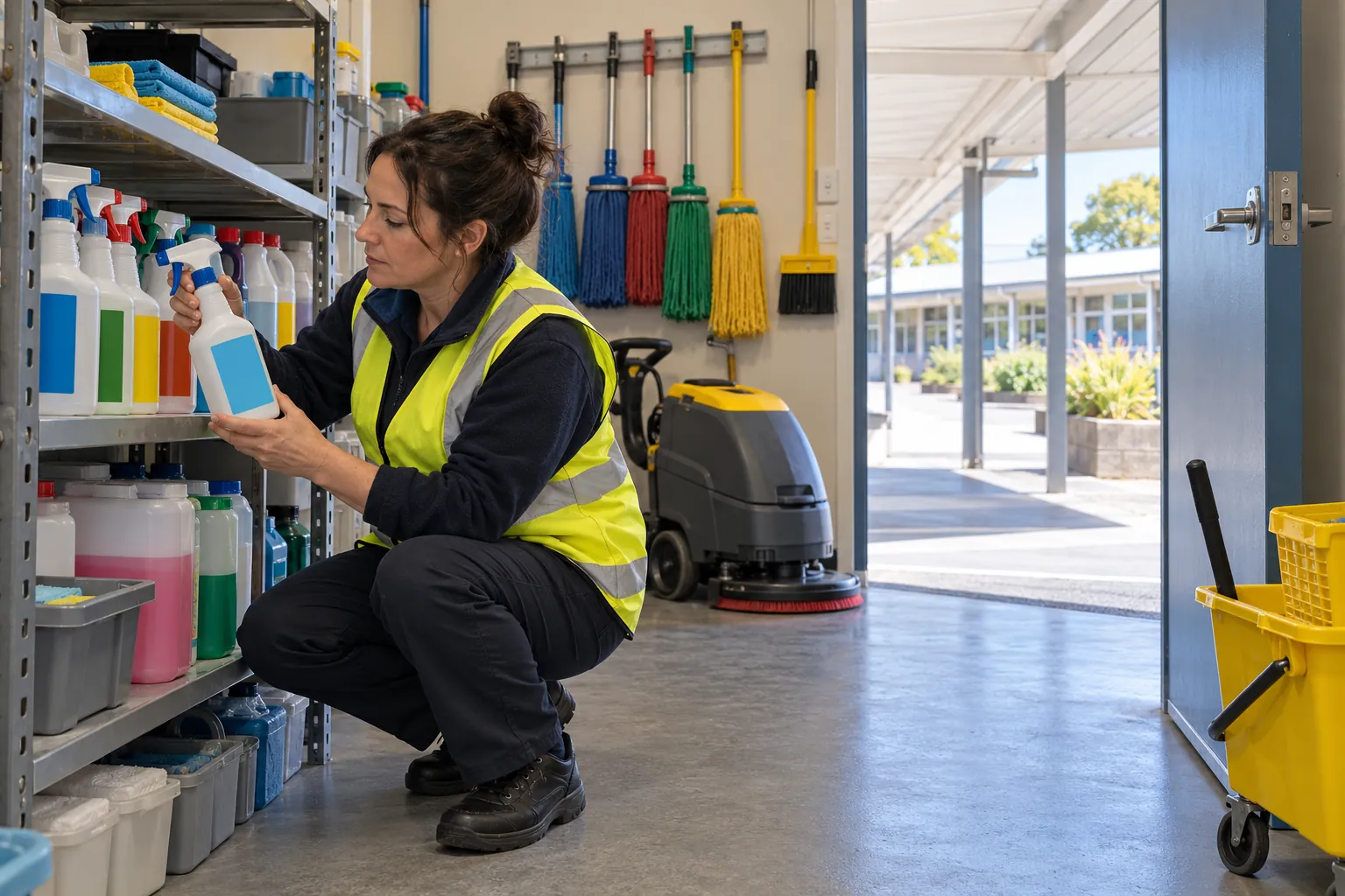A supervisor checking chemical bottles on a shelf in a school cleaners' store room.