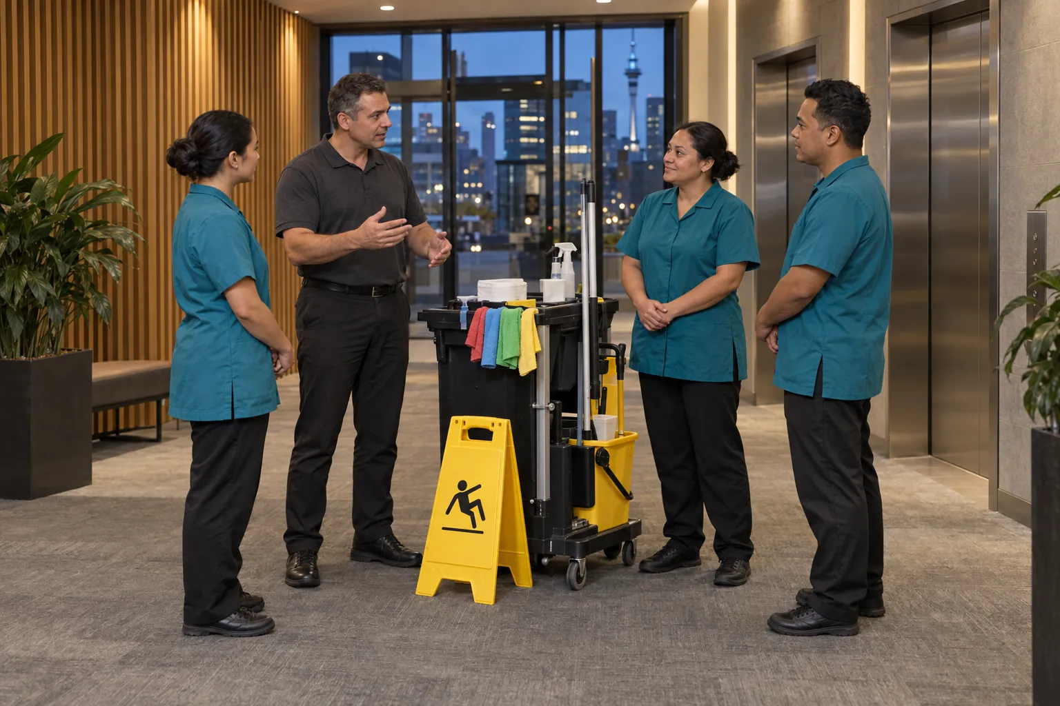 A cleaning supervisor briefing three cleaners beside a trolley in an office lift lobby at dusk.
