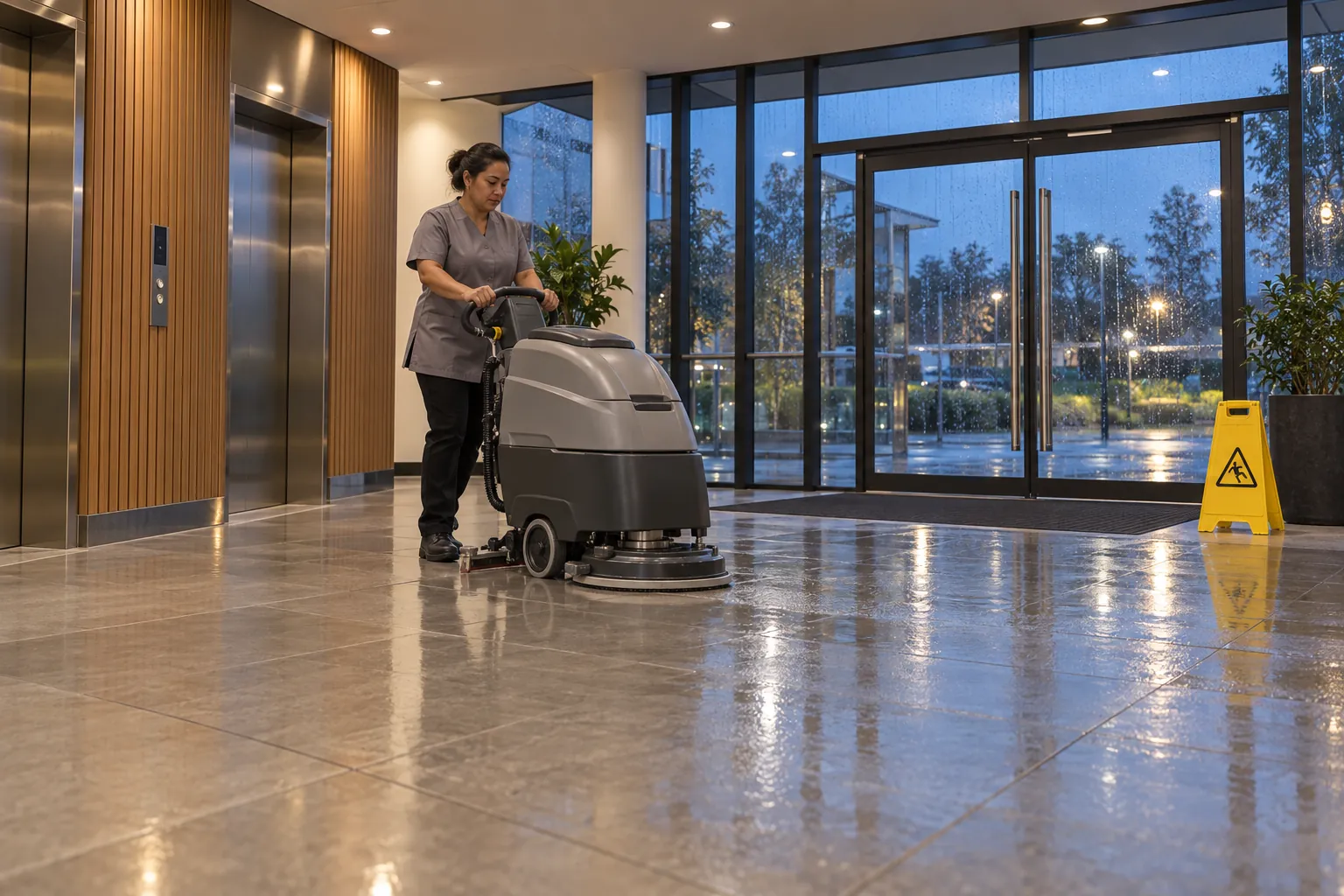A cleaner running a floor scrubber across a tiled office foyer in the evening, with a wet floor sign by the rain-streaked entrance doors.