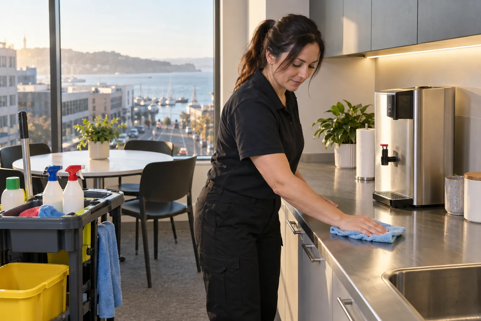 A cleaner wiping a stainless steel bench in an office tea room at first light, with a cleaning trolley beside her.