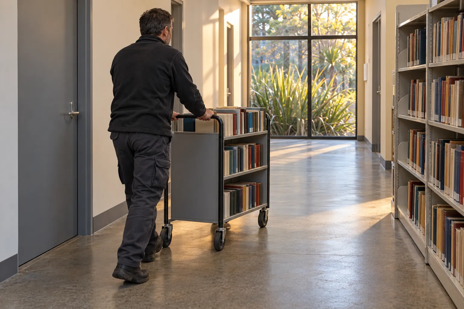 A caretaker moving a returns trolley against the wall of a library corridor to keep the exit route clear.