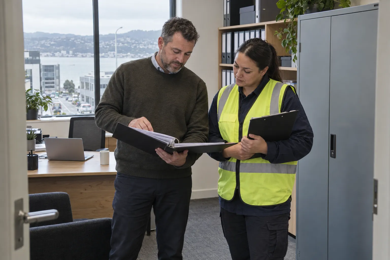 A building manager and a technician reading a ring binder together beside a steel cabinet in a building office.