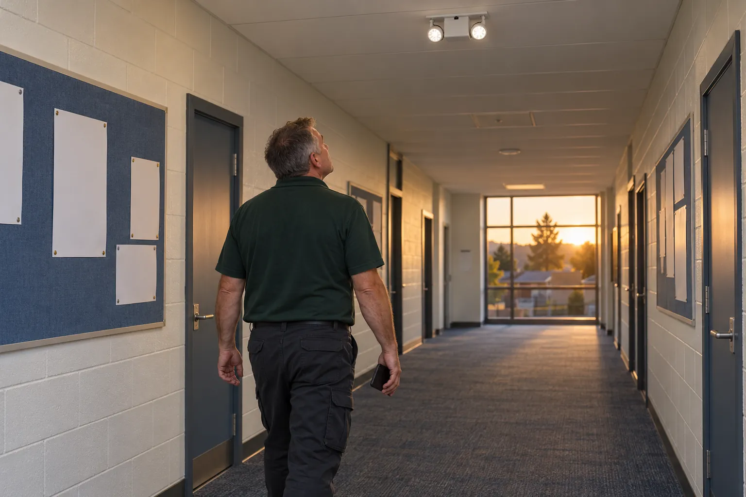 A caretaker in a school corridor looking up at a ceiling emergency light.