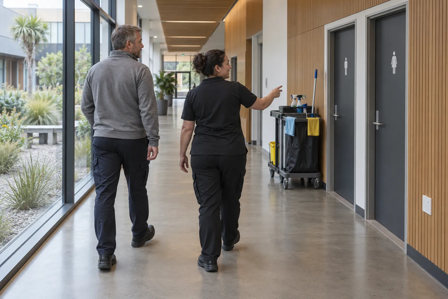 A facilities manager and a cleaning supervisor walking along a college corridor, the supervisor pointing towards the washrooms.