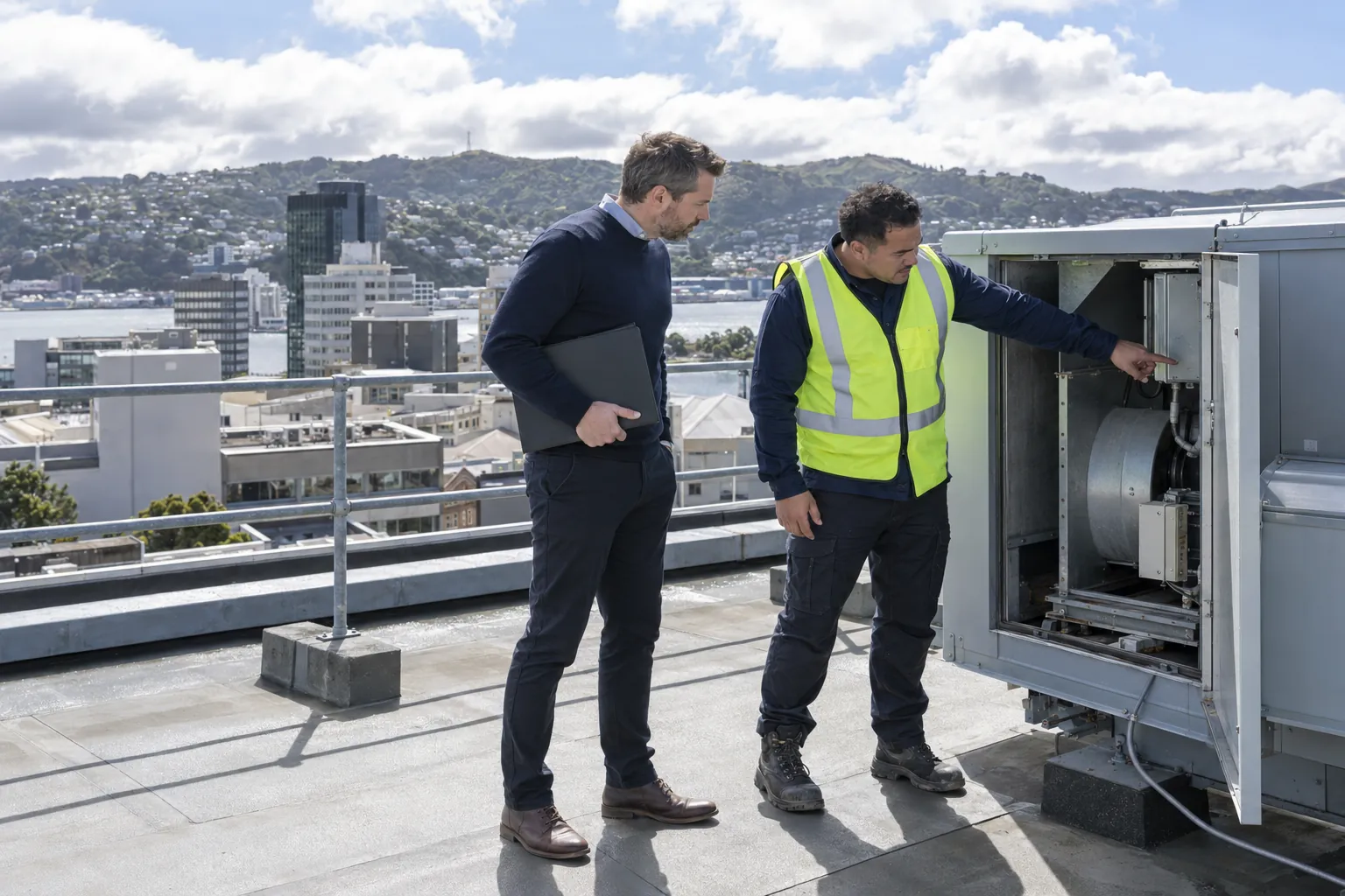 A facilities manager and a technician looking into an open panel on an air-handling unit on an office roof.
