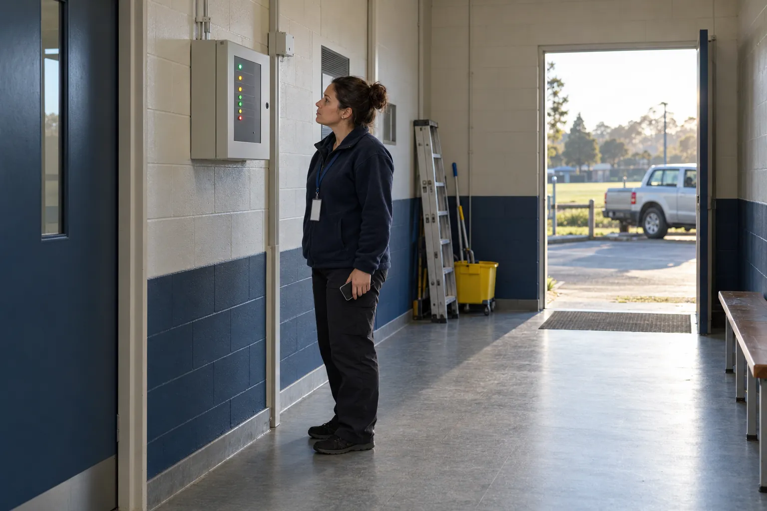 A facilities coordinator checking a fire alarm panel by the rear entrance of a sports centre in morning light.