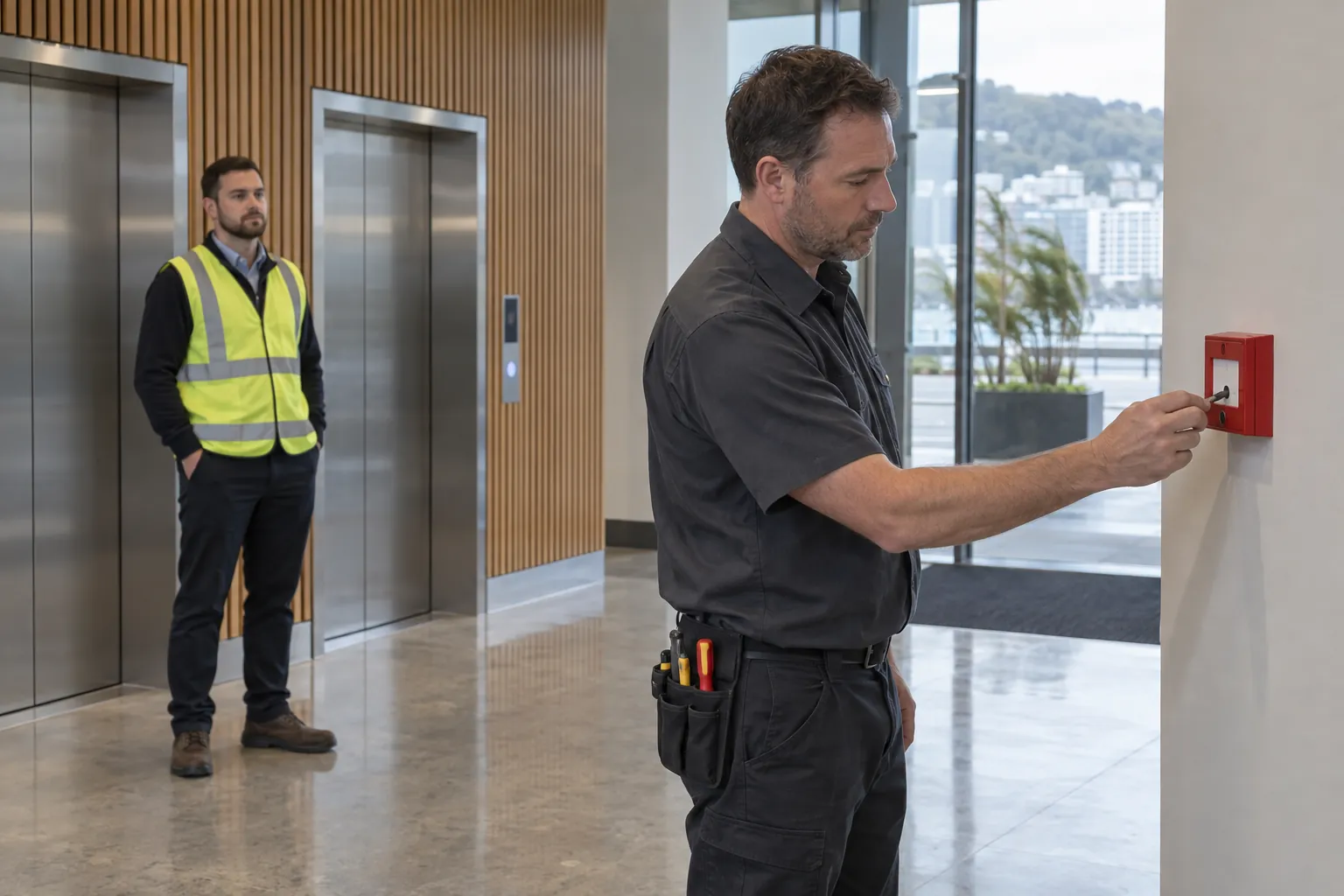 A technician testing a red call point in an office lift lobby while a colleague listens by the lifts.