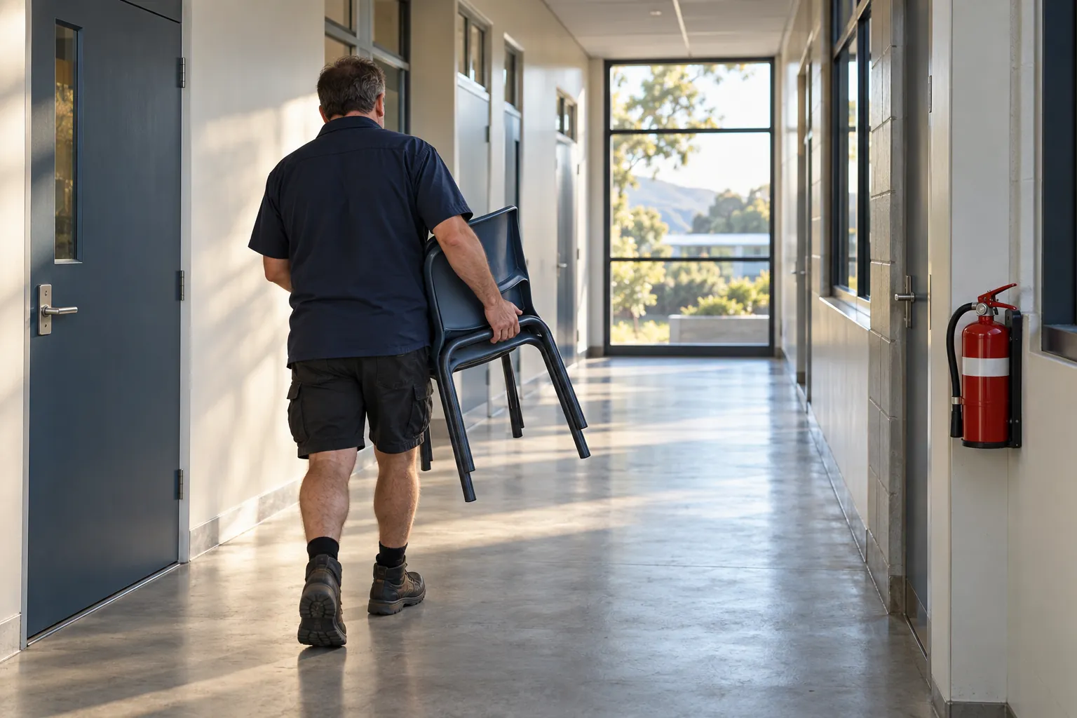 A caretaker carrying chairs out of a school corridor to keep the escape route clear.